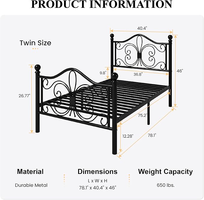 SHA CERLIN Twin Size Metal Bed Frame with Butterfly Headboard, Black | Metal Platform Bed for Kids, Wrought Iron-Art Headboard/Footboard, Under-Bed Storage, No Box Spring Needed, Easy Assembly