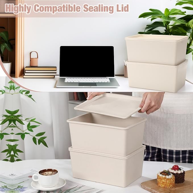 Menkxi 6 Pcs Storage Bins with Lids Small Plastic Storage Containers Stackable Storing Baskets Box Cute Organizer Bins for Organizing Shelves (Beige)