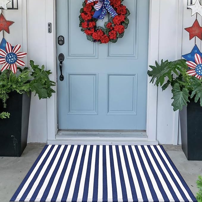 CAINANEL Blue and White Striped Rug 4th of July Door Mat Summer Front Porch Rug Independence Day Welcome Doormats for Farmhouse Entrance Porch Outdoors Decor(Blue and White, 24'' x 35'')