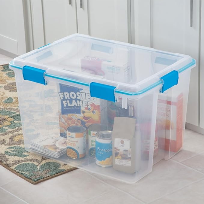 Sterilite Gasket Storage Box with Lids for Home & Office, 80 Quart, 8-Pack | Heavy-Duty, Stackable, and Organizing Containers for Bathroom, Cabinet, Closet, and Garage, Clear and Blue Aquarium Latches