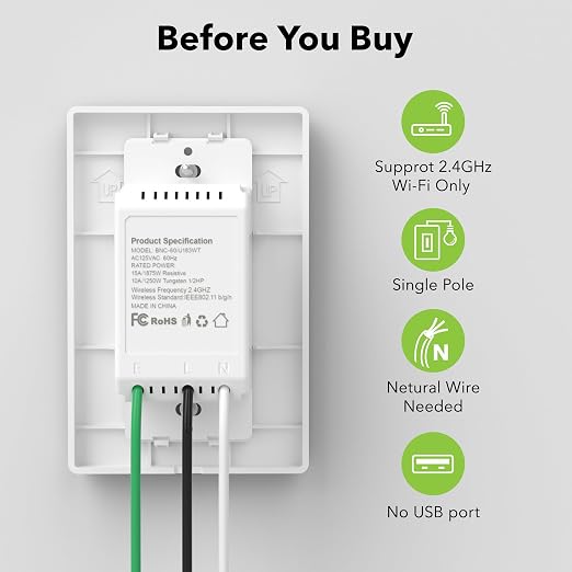 Smart WiFi in-Wall Outlet Switch 2 Individually Outlets Works with Timer Function Compatible with Alexa and Google Assistant BN-LINK