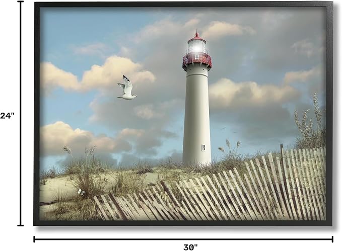 Stupell Industries 'Cape May Sand Dune Fence Lighthouse Beach Scene with Seagull', Framed Giclee Art, Black, 30 x 24 Inches, Easy to Hang and Sturdy, Made in USA, by Alan Giana & Company