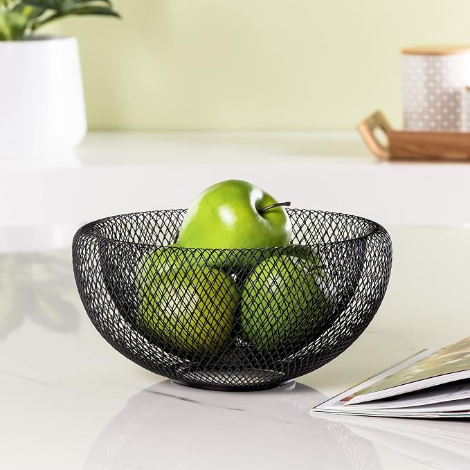 Torre & Tagus 9 Inch Black Double Wall Wire Mesh Metal Decorative Bowl, Modern Fruit Bowl Basket for Kitchen Island, Dining Room Table, Entryway Console, Great Room Accent Table, Home Office Decor