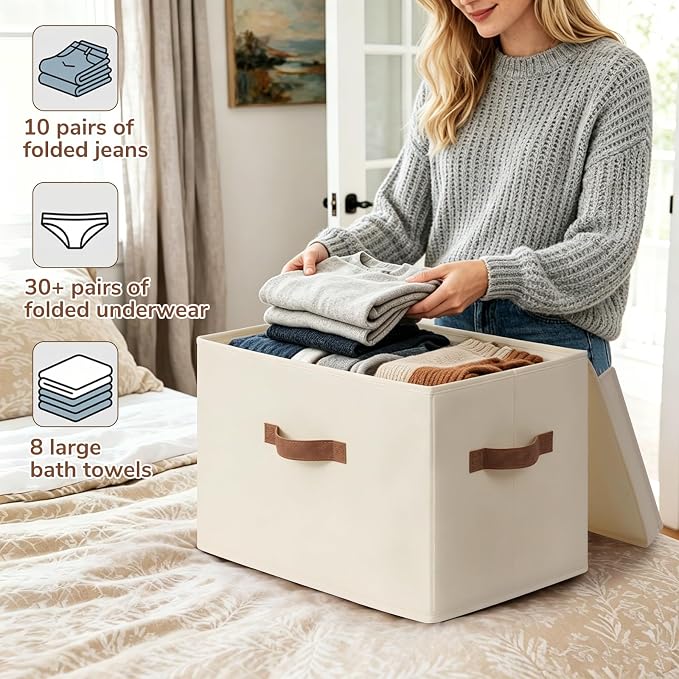 CHICVITA 4-Pack Large Fabric Storage Bins with Lids for Shelves, Ivory | 17.1" x 11.2" x 11.6" Decorative Storage Boxes with Handles for Clothes Fit Closet, Toy Box with Support Plate for Playroom