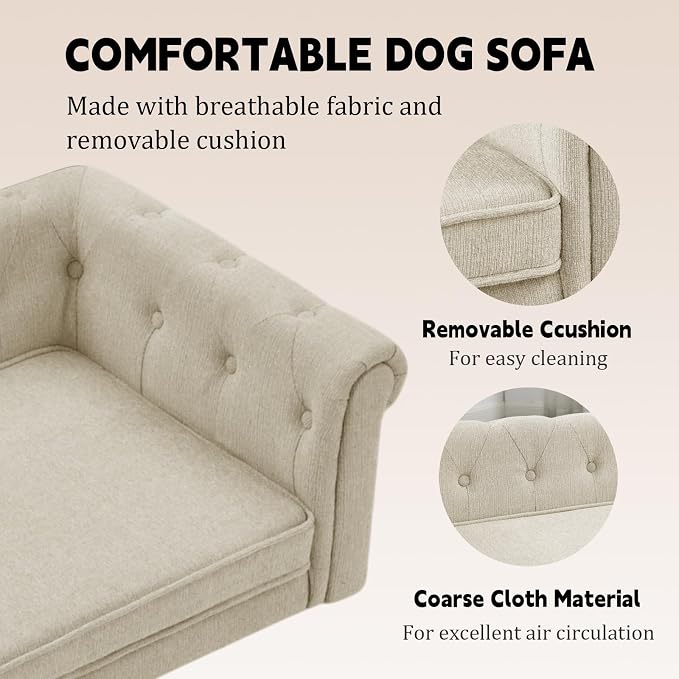 39" Dog Sofa Couch Bed for Small, Medium, Large Dogs,Memory Foam Pet Sofa with Removable Cover, Comfortable Pet Couch with Backrest and Armrests, Easy to Clean and Maintain（Beige）