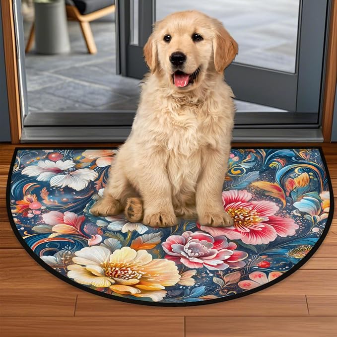 Spring Flowers Half Round Rug Half Moon Door Mat Half Circle Rugs | Rainbow Art Washable Non-Slip Semi Circle Rug Welcome Half Round Door Mat Indoor Entrance Kitchen Bedroom Living Room Decor