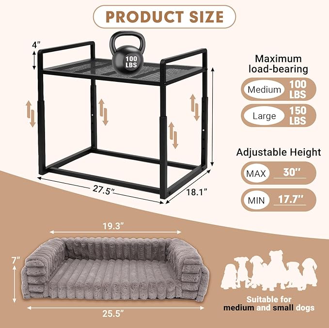 Beside Dog Bed, Adjustable Height Dog Bunk Beds, 27.5''x 18''Metal Dogs Bed Frame with Washable Removable Corduroy Cover, Memory Foam Pet Bed with Sides, for Small Dogs & Cats
