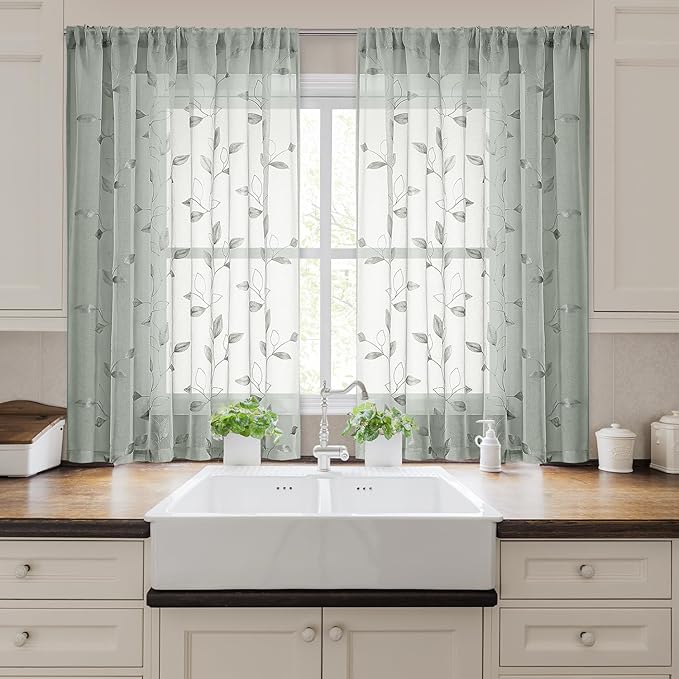 HOMEIDEAS Sage Green Sheer Kitchen Curtains 52 x 45 Inch Length 2 Panels - Image 6