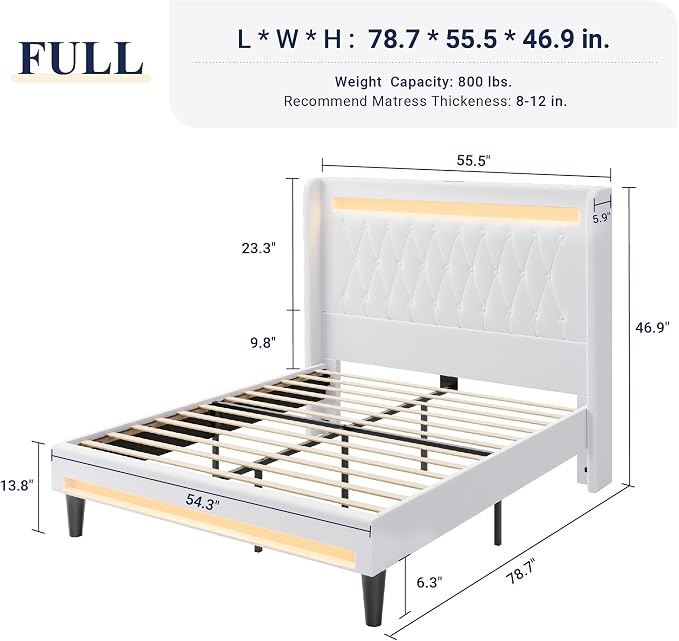 Allewie Full Size Upholstered Bed Frame with LED & Charging Station, White | Customizable LED lights, charging station, tufted wingback headboard, noise-reducing support, and no box spring needed.