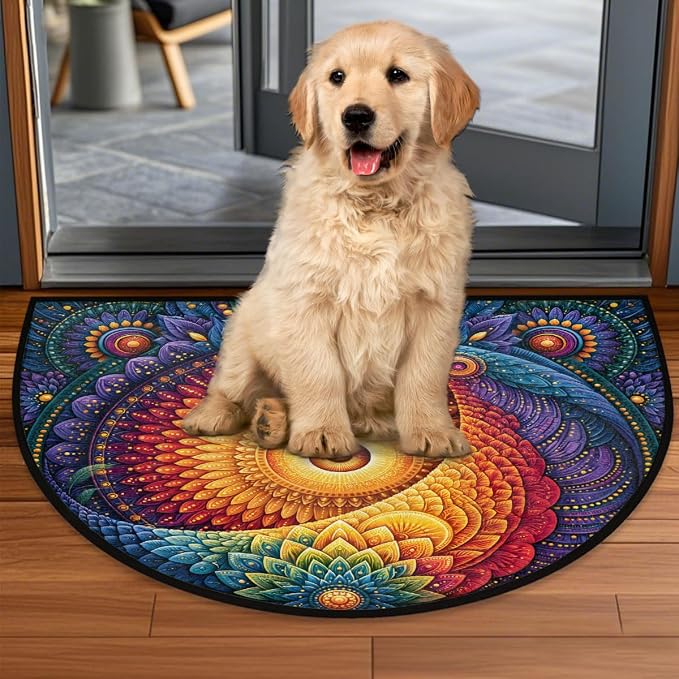 Flower Half Round Door Mat Semi Moon Rug Fireplace Carpet Area Rugs | Boho Decorative Non Slip Absorbent Half Circle Mat Carpet for Indoor Outdoor Patio Kitchen Bathroom Entryway Home Decor