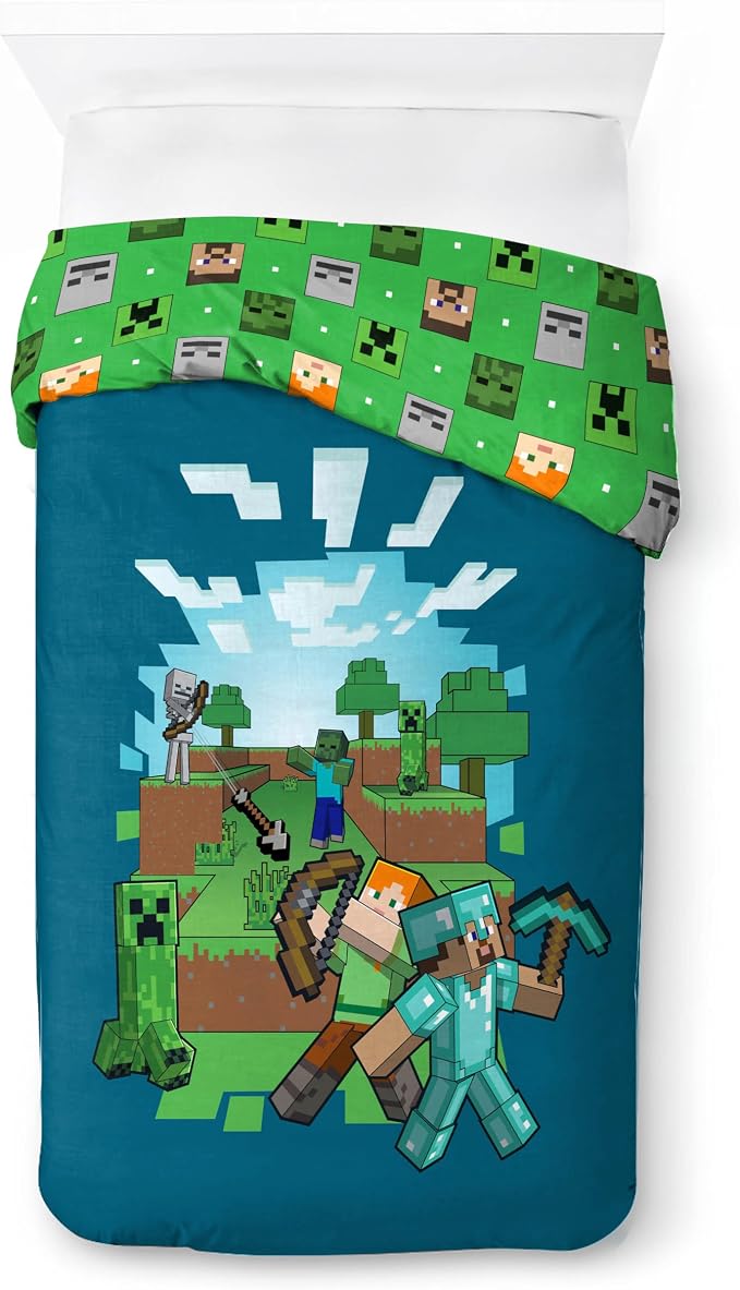 Jay Franco Duvet Cover Set – 2 Piece Comforter Cover and Sham Set, Super Soft Cozy Kids Bedding (Insert Not Included) Blue - Minecraft, Twin