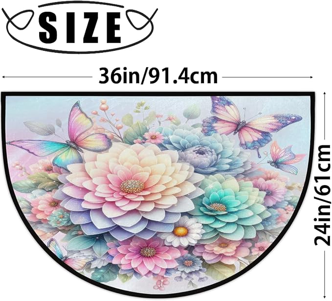 Flower Half Round Doormat Non-Slip Semi Circle Rug Half Moon Mat | Butterfly Rainbow Washable Soft Absorbent Indoor Outdoor Entrance Kitchen Bathroom Sink Patio Welcome Fireplace Floor Rug