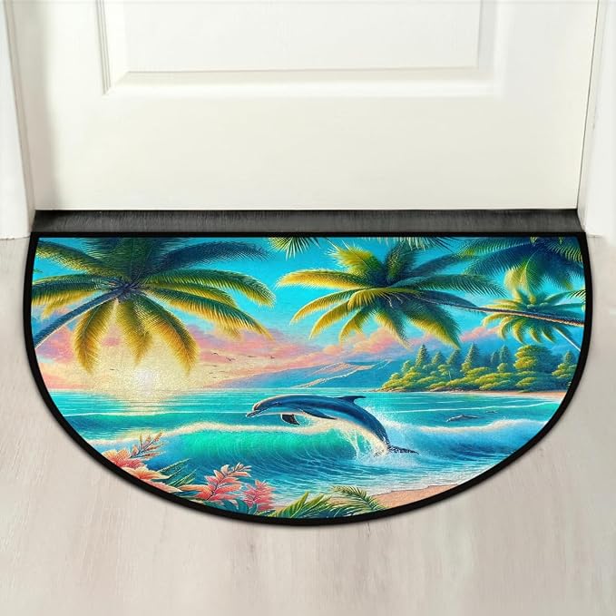 Dolphin Beach Palm Trees Half Round Mat Half Moon Door Rug Washable Durable Semi Circle Carpet Floor mats for Indoor Outdoor Bathroom Kitchen Patio Hearth Rug Laundry Room Home Decoration