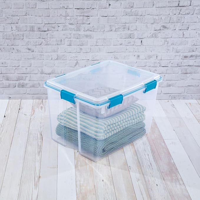 Sterilite Gasket Storage Box with Lids for Home & Office, 80 Quart, 8-Pack | Heavy-Duty, Stackable, and Organizing Containers for Bathroom, Cabinet, Closet, and Garage, Clear and Blue Aquarium Latches