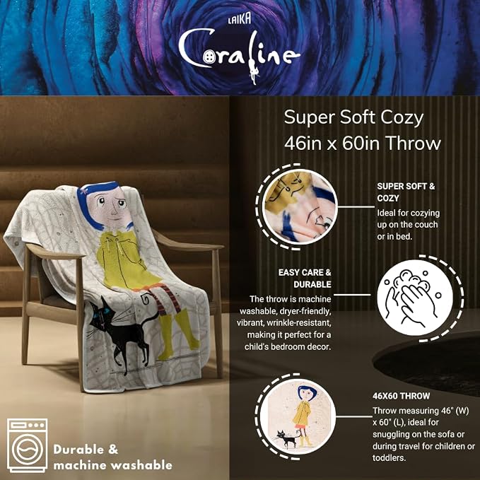 Coraline Button Eyes Bedding Super Soft Cozy Plush Throw, 46 in x 60 in, (Officially Licensed Product) by Franco