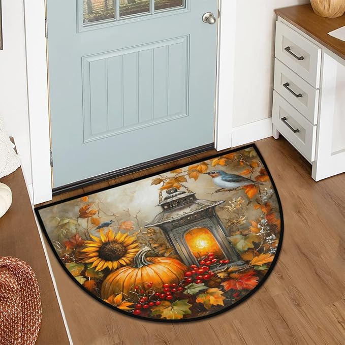 Animal Pumpkin Half Round Door Mat Non Slip Half Circle Rugs | Autumn Art Washable Half Moon Rug Semi Circle Rugs Indoor Entrance Floor Carpet for Kithen Bedroom Fireplace Decor