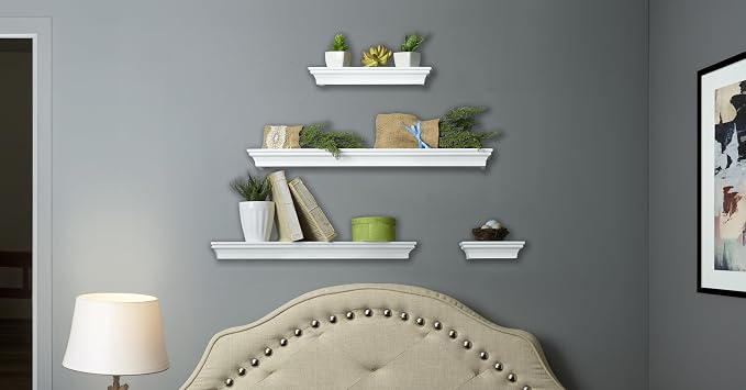 MELANNCO Floating Wall Shelves Set of 4, White Wood Display Shelves for Wall, Includes 6, 12, 20 and 24 Inch Sizes with Raised Edges and Mounting Hardware for Room Decor, Home Decor