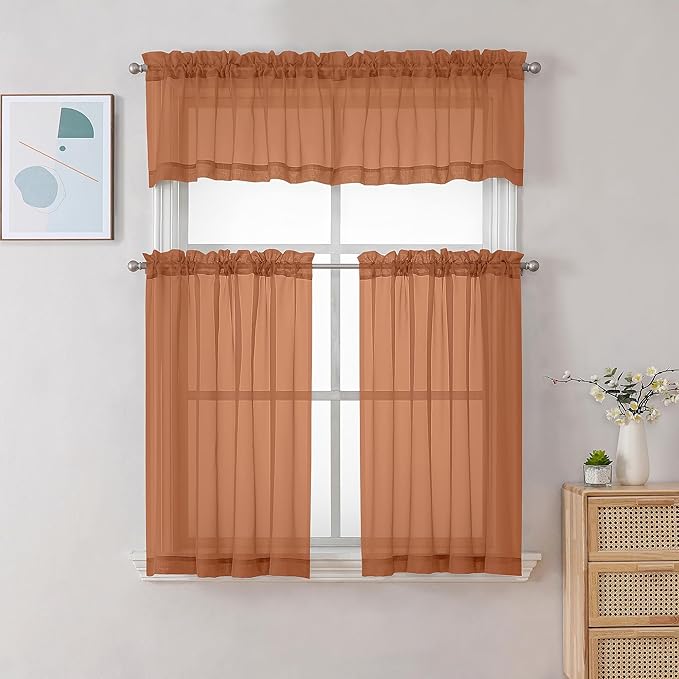 Gwine Burnt Orange Sheer Curtain Tiers 24 Inch Length, Light Filtering Voile - Image 2