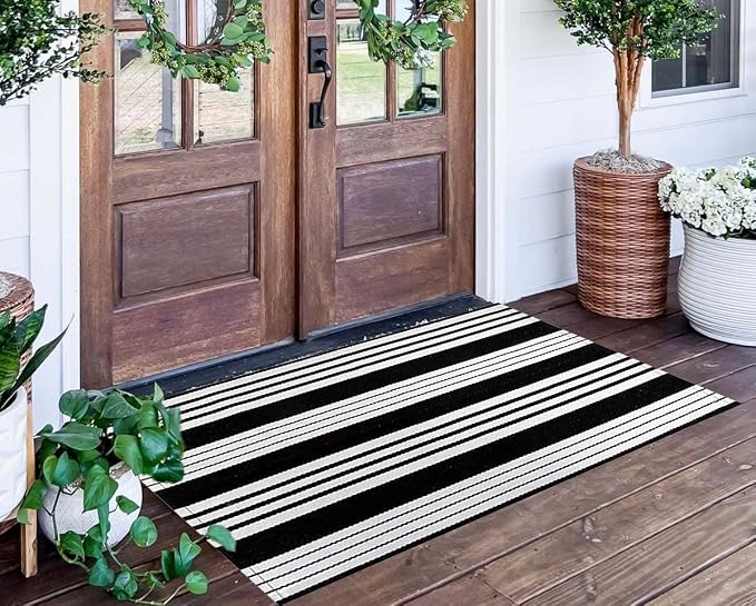Striped Outdoor Rug 24'' x 51''Black and White Front Porch Mat, Cotton Washable Woven Layered Doormats for Entryway Bedroom