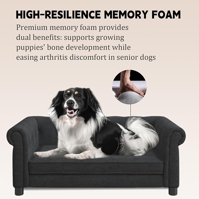 39" Dog Sofa Couch Bed for Small, Medium, Large Dogs,Memory Foam Pet Sofa with Removable Cover, Comfortable Pet Couch with Backrest and Armrests, Easy to Clean and Maintain（Black）