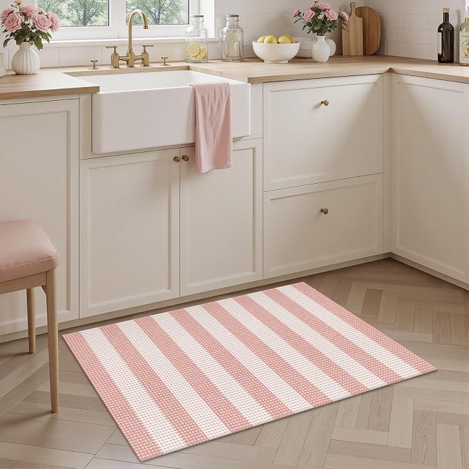 Rugalia Washable Woven Indoor Outdoor Doormat, 2x3 Pink Striped Cotton Entryway Rug Low Pile Non-Slip Small Kitchen Rug, Modern Natural Farmhouse Throw Carpet for Porch Bathroom Bedroom