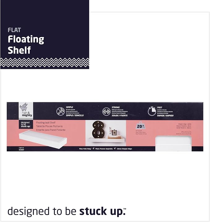 High & Mighty Floating Shelf, 24in, 1 Pack, White | Composite shelf, 20lb capacity, tool-free drywall mounting for books, photos, plants, and decor in any room
