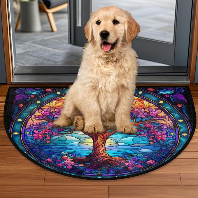 Tree of Life Half Round Door Mat Non Slip Half Circle Rugs | Art Rainbow Washable Half Moon Rug Semi Circle Rugs Indoor Entrance Floor Carpet for Kithen Bedroom Fireplace Decor