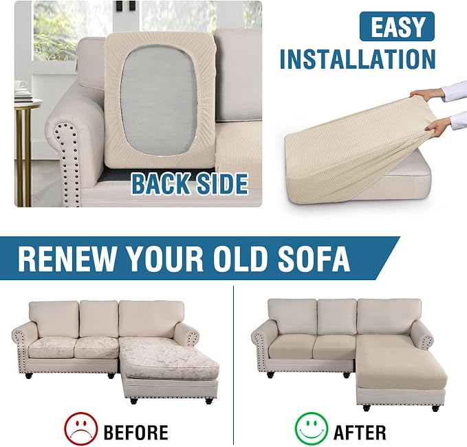 H.VERSAILTEX Sectional Couch Covers 3 Pieces Sofa Seat Cushion Covers L Shape Separate Cushion Couch Chaise Cover for Both Left/Right Sectional Couch (Seat Only: 1 Chaise + 2 Sofa, Natural)