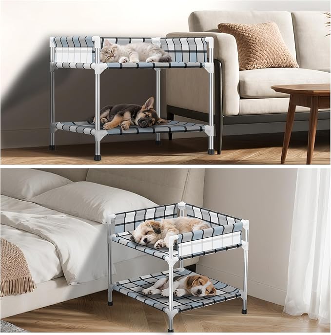 Bedside Window Dog Bunk Bed - Double Elevated Human Dog Bed with Guardrail 2 Layers Window Perch Dogs Cot 2-Tier Bedside Sleeper for Multi-Pet Households (20" x 20" x 24", Double Layer)