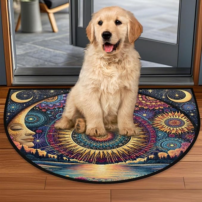 Moon Half Round Door Mat Semi Circle Rug Half Moon Doormat | Soft Washable Mandala Lake Welcome Entrance Mat for Outdoor Indoor Floor Bedroom Bathroom Home Kitchen Festival Decor