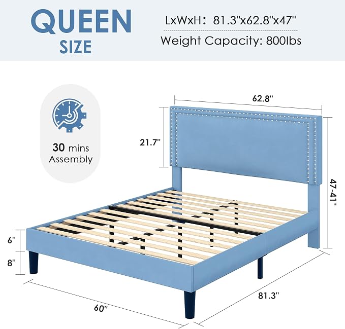 VECELO Queen Size Platform Bed Frame with Height Adjustable Upholstered Headboard, Modern Mattress Foundation,Strong Wood Slat Support, No Box Spring Needed, Easy Assembly,Light Blue