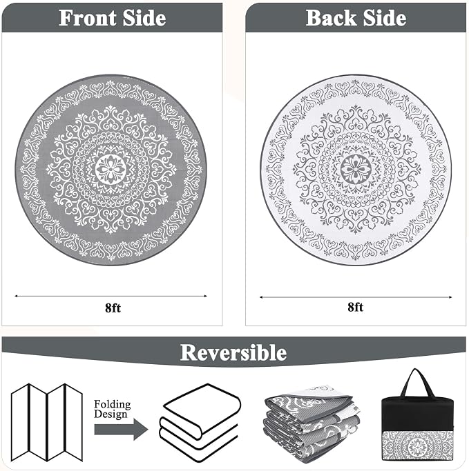 Pauwer Outdoor Rug 8ft, Waterproof Plastic Straw Camping Rug, Floral Grey | Reversible Patio Rug, UV Resistant Indoor Outdoor RV Mat Carpet For Deck, Camper, Porch, Balcony, Backyard, Picnic, Foldable