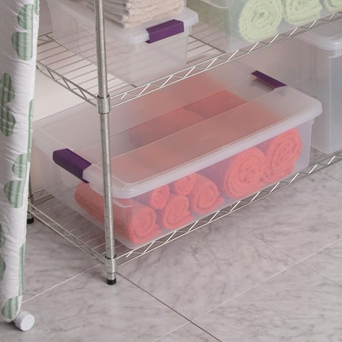 Sterilite ClearView Latch Boxes, Storage Bins with Lids, 32 Quart, 18-Pack | Clear Plastic Organizers with Color Accent Latches for Closet, Bedroom, Shelving Units, Dorm Room and Home Organization