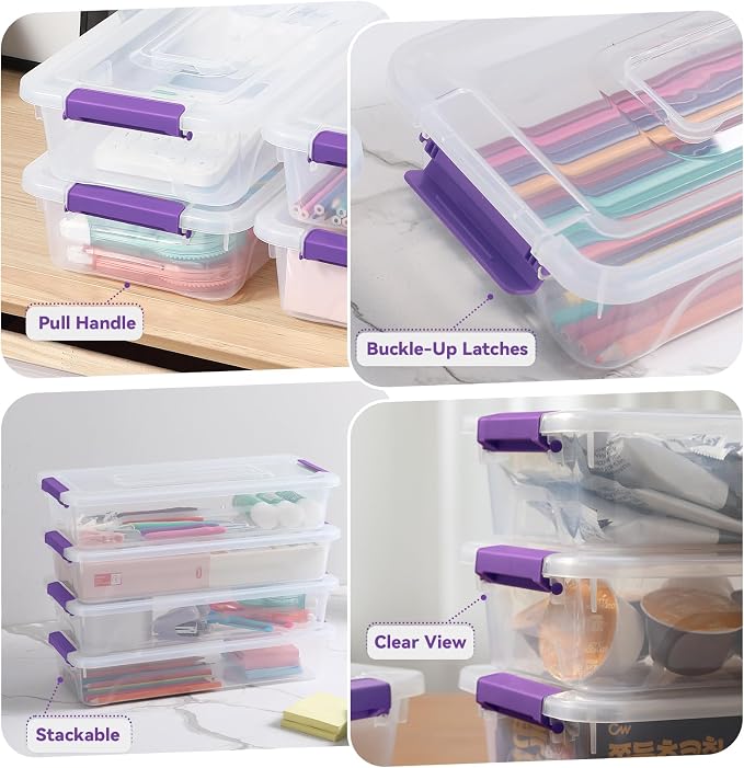 novelinks 4 Quart Clear Plastic Storage Containers with Lids (8 Pack) | Storage Bins with Lids, Stackable Small Clear Bins, Craft Storage Box, Paper Storage, Under Bed Storage Bins, Pencil Box