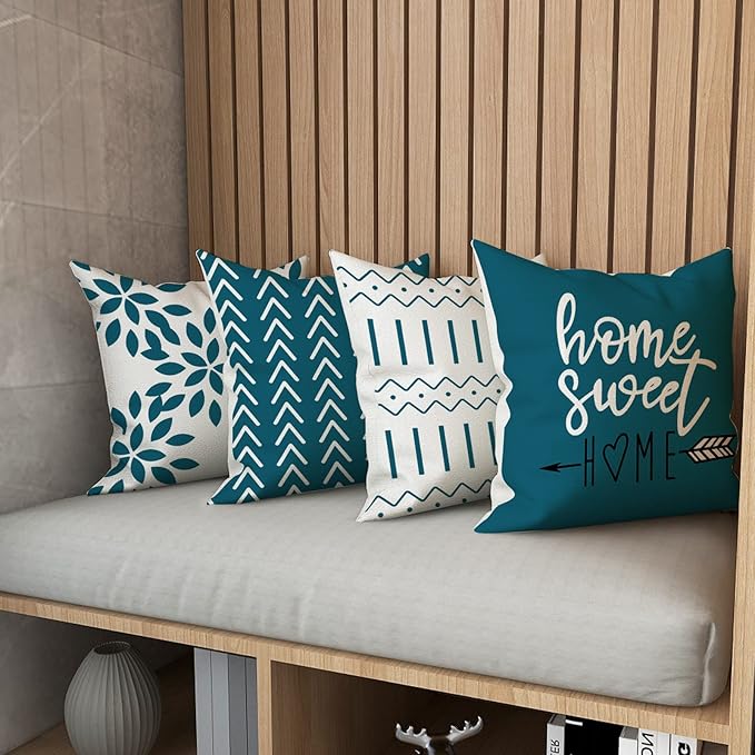 YCOLL Pillow Covers 18x18 Set of 4, Modern Sofa Throw Pillow Cover, Decorative Outdoor Linen Fabric Pillow Case for Couch Bed Car,Teal