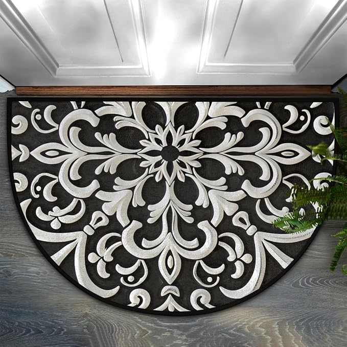 Mandala Boho Half Round Door Mat Non Slip Half Circle Rugs | Mandala Flower Washable Half Moon Rug Semi Circle Rugs Indoor Entrance Floor Carpet for Kithen Bedroom Fireplace Decor