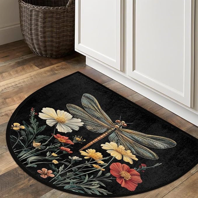 Dragonfly Half Round Door Mat Outdoor Doormat Bedroom Entrance Rug A12 | Dragonfly Flower Floral Semi Moon Door Mat Non-Slip Absorbent Kitchen Rug Indoor Welcome Bath Mat 36" X 24"