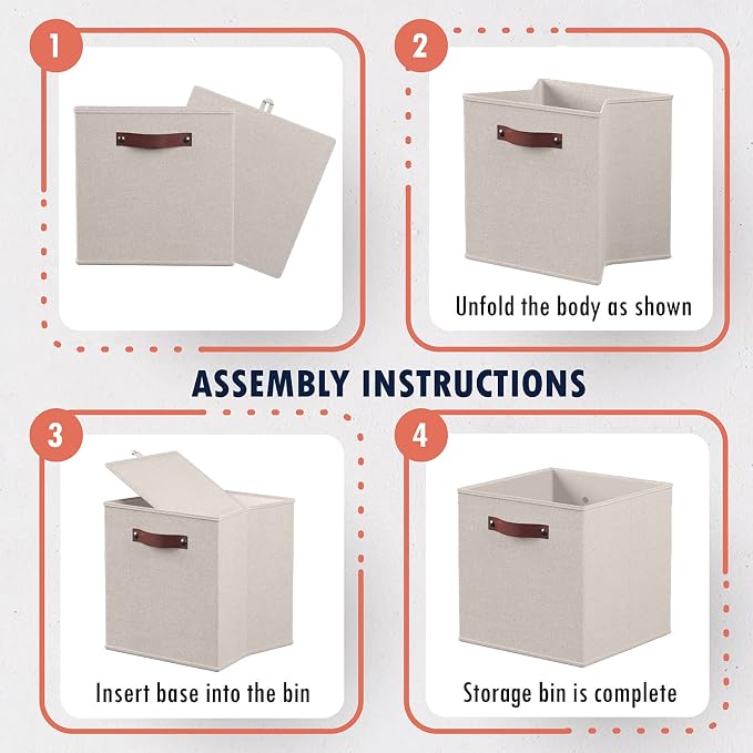 Ornavo Home 13x13 Foldable Fabric Storage Cube Bins, 6 Pack, Beige | Collapsible Linen Shelf Basket Organizer; Leather Handles; Ideal Cube Storage For Closet