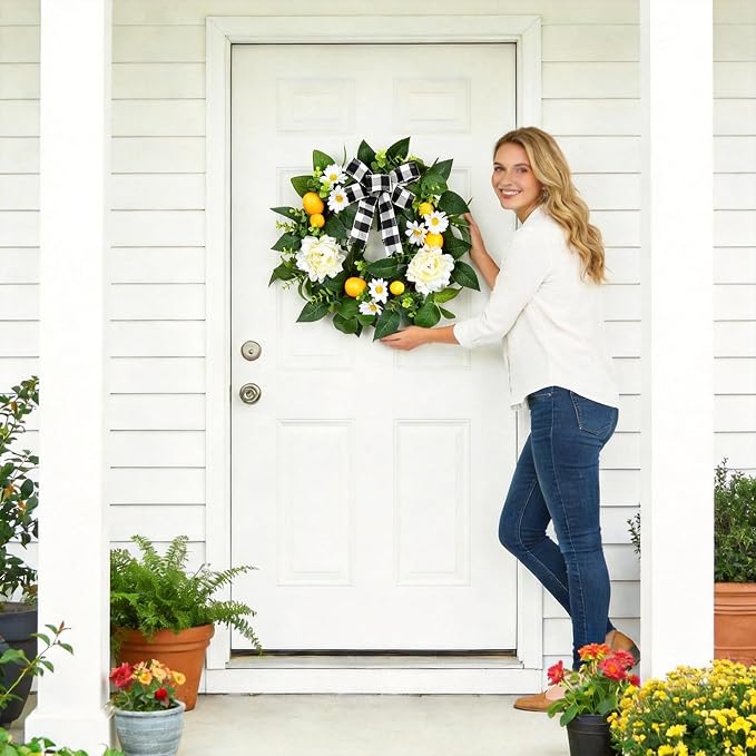 Garvee 20" Lemon Wreath for Front Door, Spring Summer Fruit Wreath | with Artificial Yellow Lemon Peony Flower and Buffalo Check Bow, Lemon Decor for Farmhouse Kitchen Porch Wall Home Decor