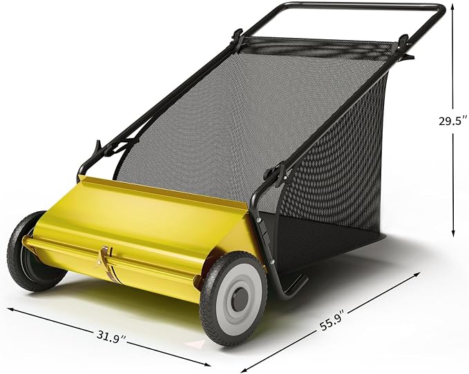 26-Inch Extra-Wide Push Lawn Sweeper with 4-Brush System,7 Cu.ft. Heavy-Duty Mesh Bag Collector, Height-Adjustable Manual Push Sweeper for Leaves, Grass Clippings & Yard Debris, Durable Steel Frame