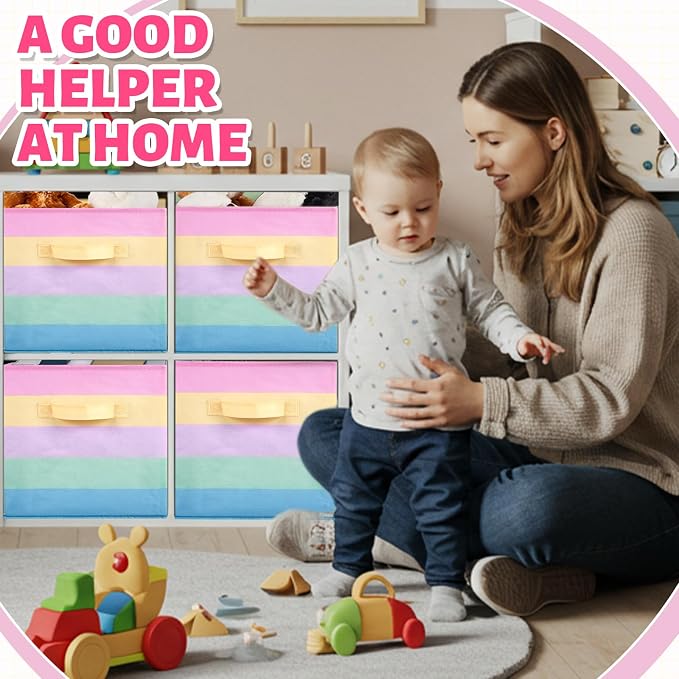 Yinder 12 Pcs Cube Storage Bin Rainbow Colorful 10.5''x10.5''x11'' Storage Bins for Playroom Decor Colorful Bins for Kids Foldable Baskets for Nursery Organizer Boxes Fabric Boxes