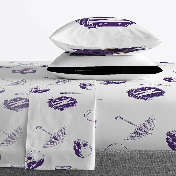 Wednesday Queen Comforter Set 7 Piece Gothic Bedding for Girls, Black | Bed in a Bag, Comforter Sheets Shams Pillowcases, Official Product, Soft Microfiber, Machine Washable, Girls Gift