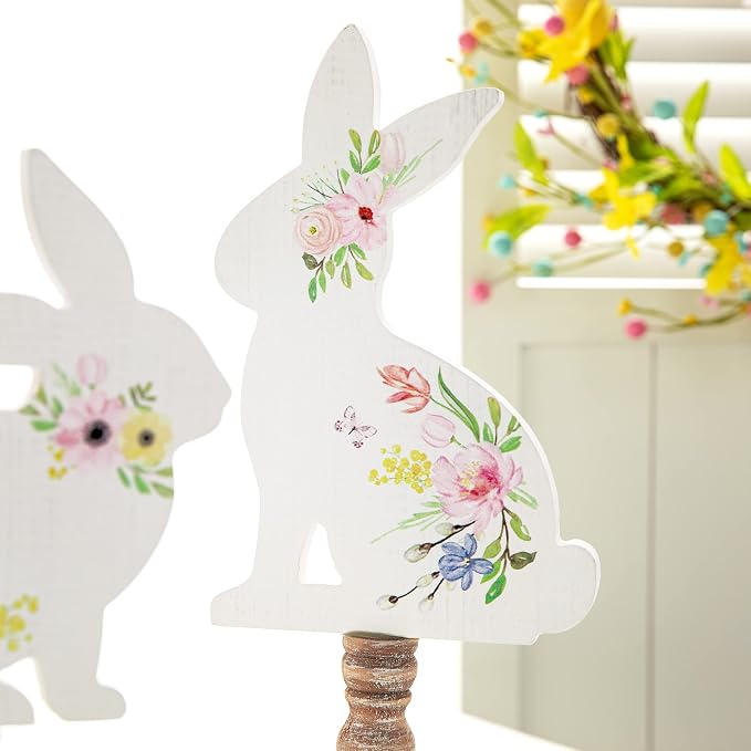 Glitzhome Set of 2 Hand Painted Easter Signs Wooden Bunny Table Decor, Multi-Color