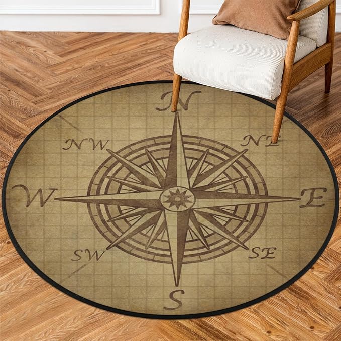 Compass Rose Retro Round Area Rug, Vintage Pattern Non-Slip Circle Rug for Bedroom Living Room Outdoor Study Playing Floor Mat Carpet, 3' Diameter