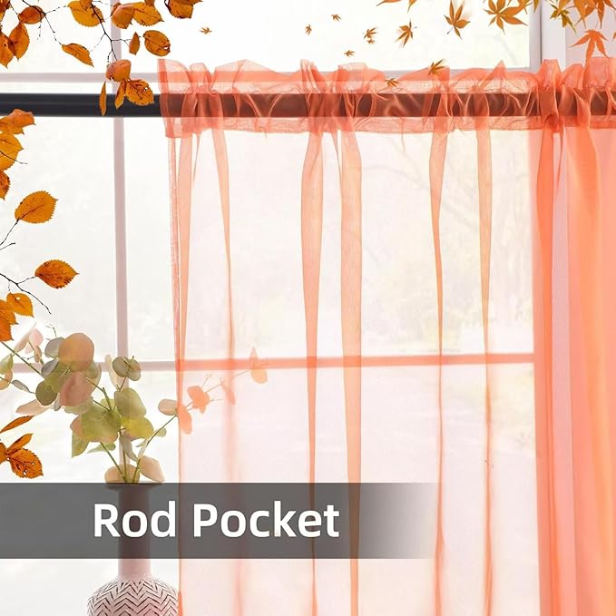 youleyar Solid Sheer Rod Pocket Curtain Voile Draperies 2 Panels White Beige Black Grey Coffee 52 Inch Width 96 Inch Long 1 Pair for Kitchen Bedroom Children Living Room Yard (Orange Red,52Wｘ96L)