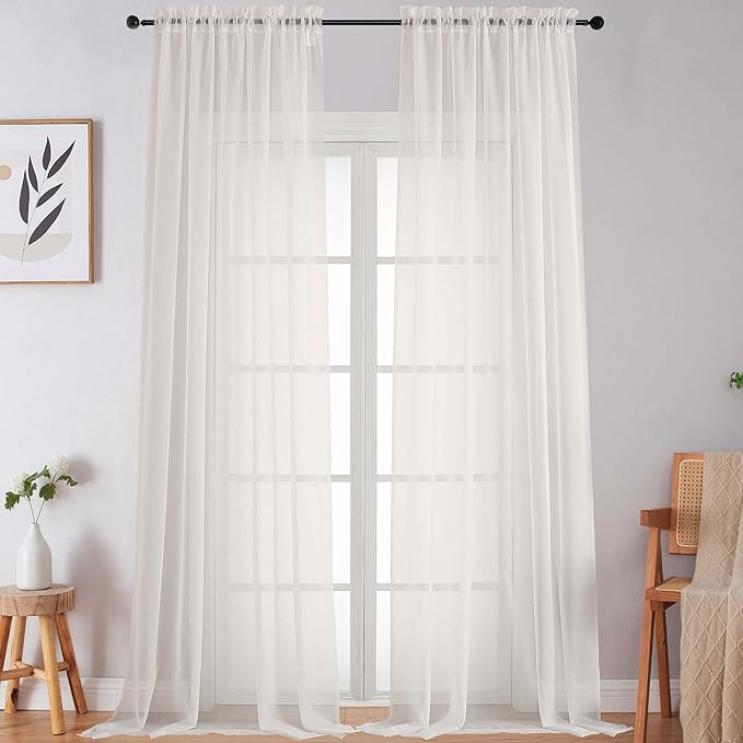 Extra Long Sheer Ivory Curtains for Bedroom Living Room 120 Inches Long 2 Panels Set, Solid Soft Light Filtering Rod Pocket Sheer Window Curtains, Ivory, Each 59" Wx120 L Inch