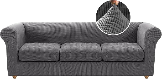 H.VERSAILTEX 4 Piece Sofa Cover Stretch Couch Covers for 3 Cushion Couch Sofa Traditional Chesterfield Sofa Covers (Base Cover Plus 3 Seat Cushion Covers) Thicker Jacquard Fabric (Large Sofa, Grey)