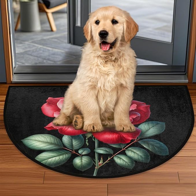 Rose Res Floral Half Round Door Mat Non-Slip Semi Circle Rug Washable Half Moon Floor Rug Absorbent Bathroom Area Rugs for Outdoor Indoor Fireplace Mat Entryway Kitchen Decor Rugs