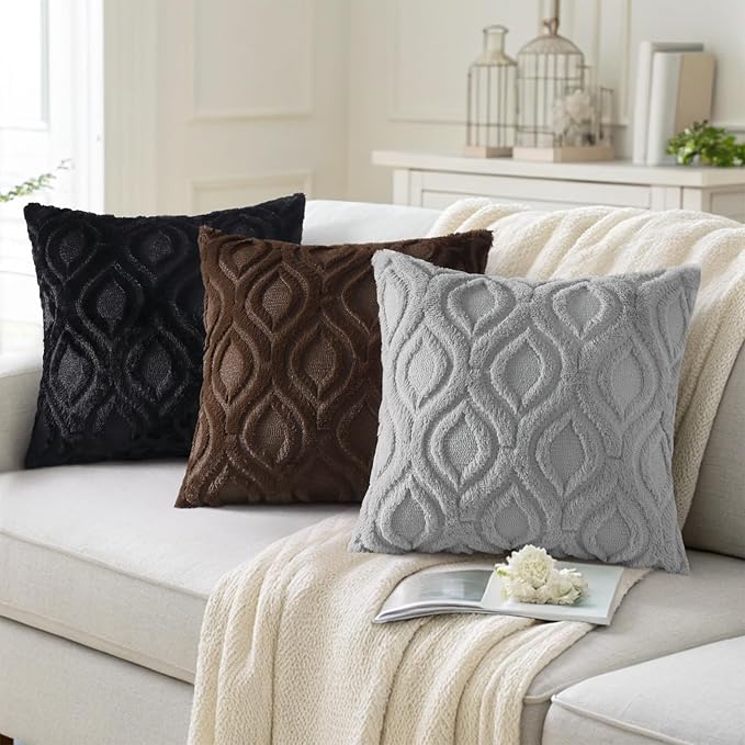 decorUhome Throw Pillow Covers 22x22 Inch Set of 2, Soft Plush Faux Wool Grey Solid Couch Pillow Covers, Accent Euro Sham Farmhouse Neutral Square Pillow Cases for Sofa Bed Living Room