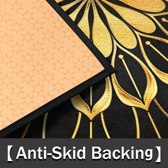 Half Round Doormat Mandala Ethnic Gold Florals Non Slip Half Circle Area Rugs Indoor Washable Half Moon Rug Semi Circle Bathroom Runner Mat Entrance Floor Carpet for Kithen Bedroom Fireplace Decor